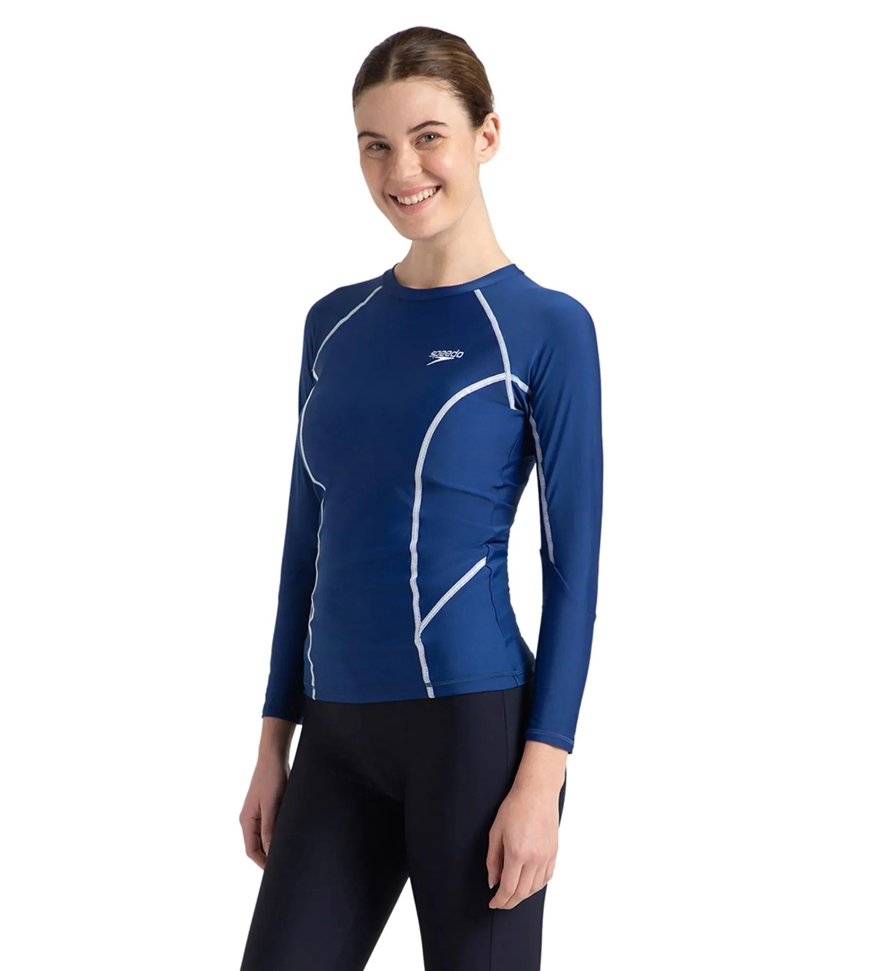 Women's Solid Long Sleeve Suntop - Ammonite Blue & White - Image 3