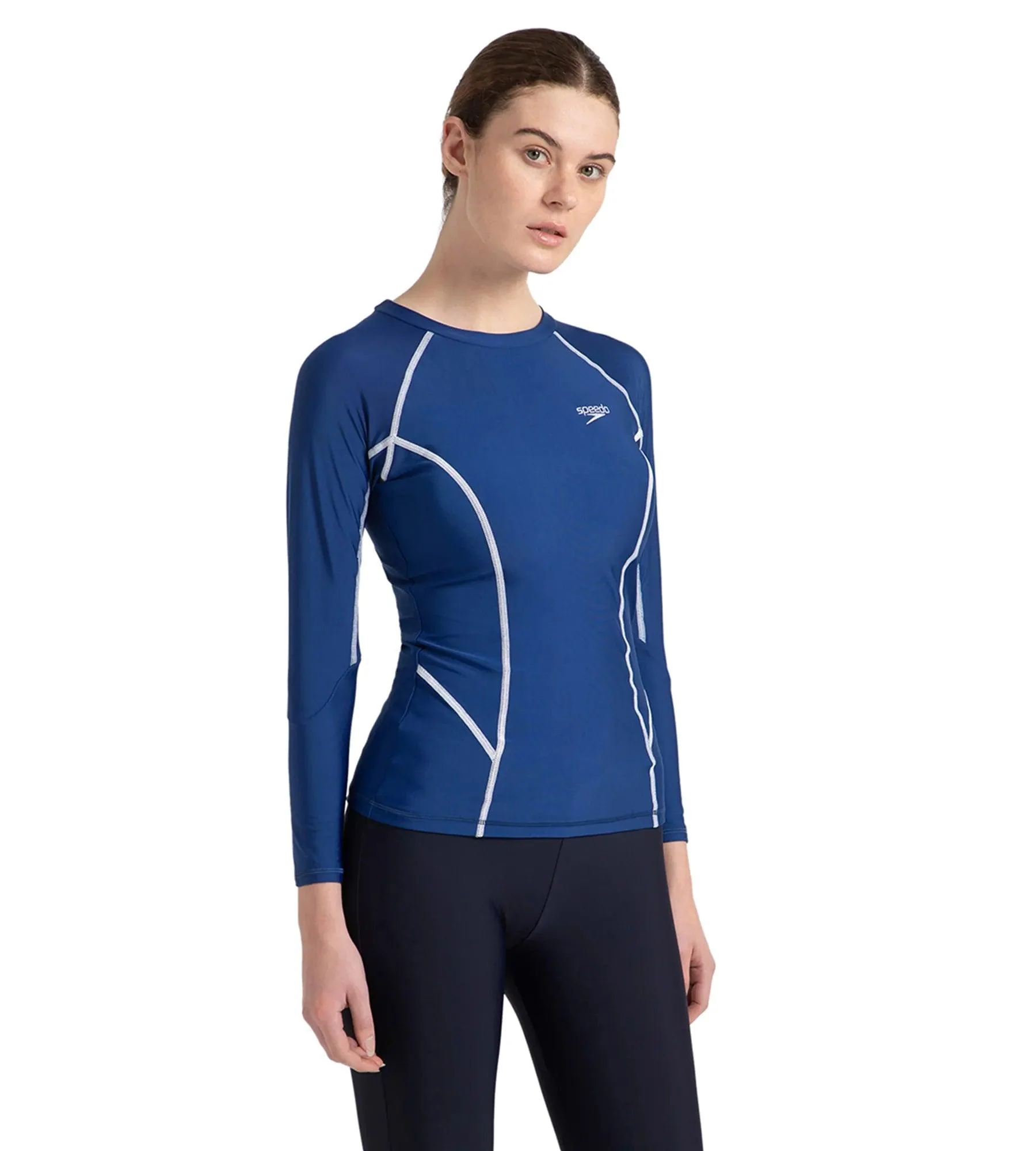 Women's Solid Long Sleeve Suntop - Ammonite Blue & White - Image 4
