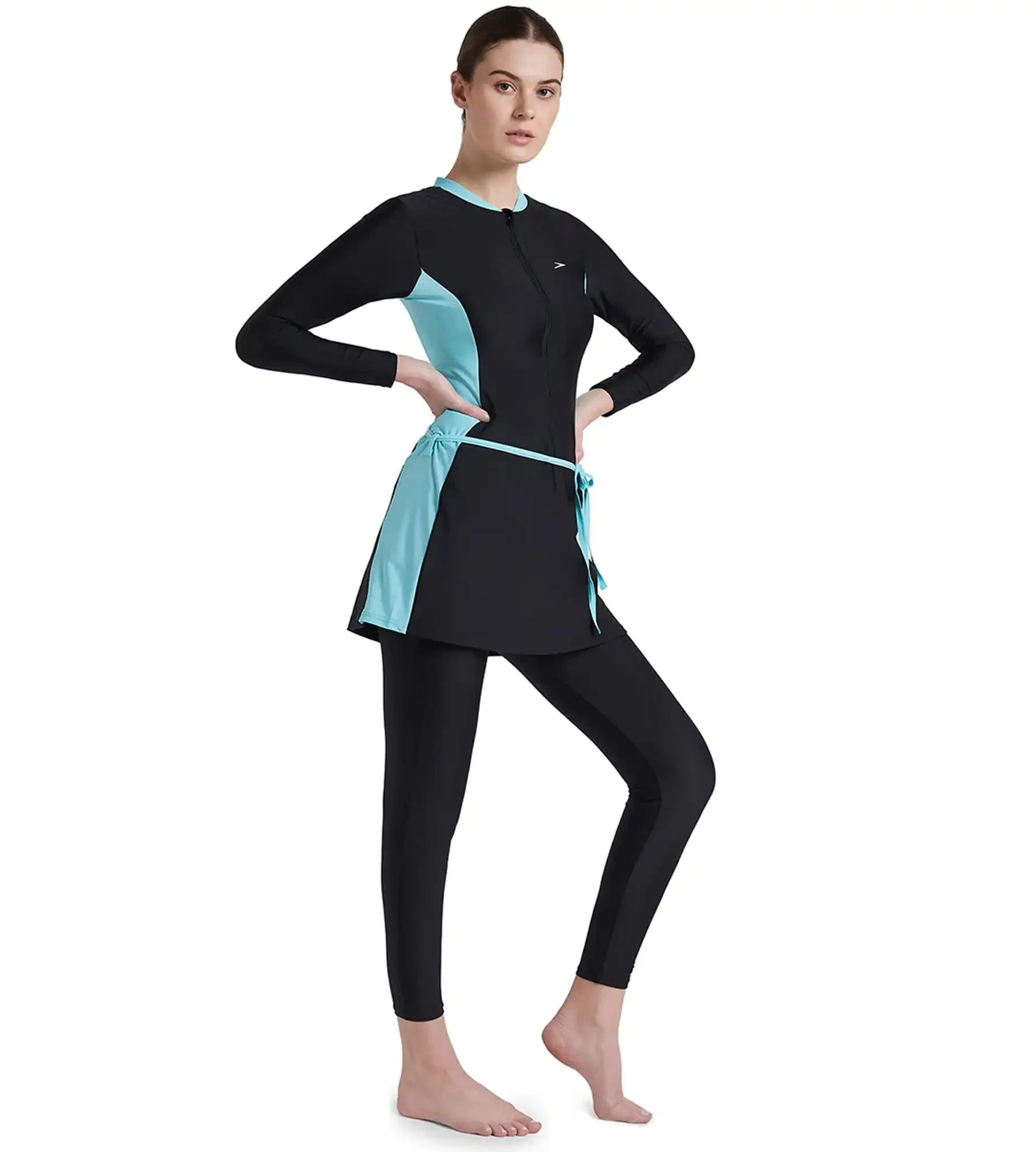 Women's Endurance 10 Two Piece Full Body Suit Swimwear - Black & Marine Blue - Image 4